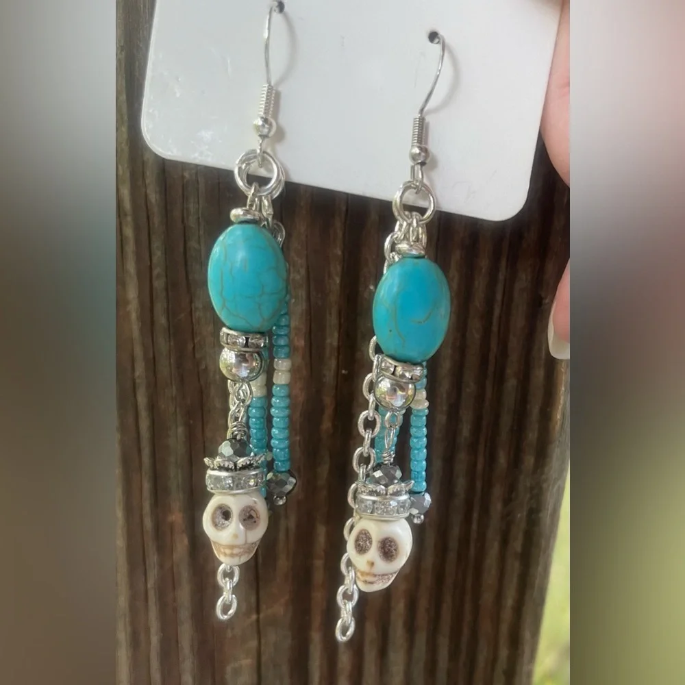 Turquoise and Silver Skull Dangle Earrings - Picture 3 of 6